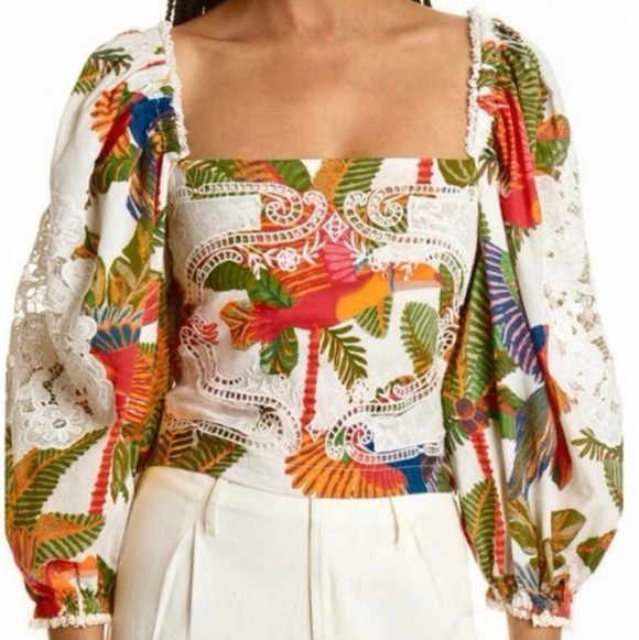 FARM Rio Colorful Tropical Forest Birds Puff Sleeve Bohemian Blouse - Picture 1 of 8